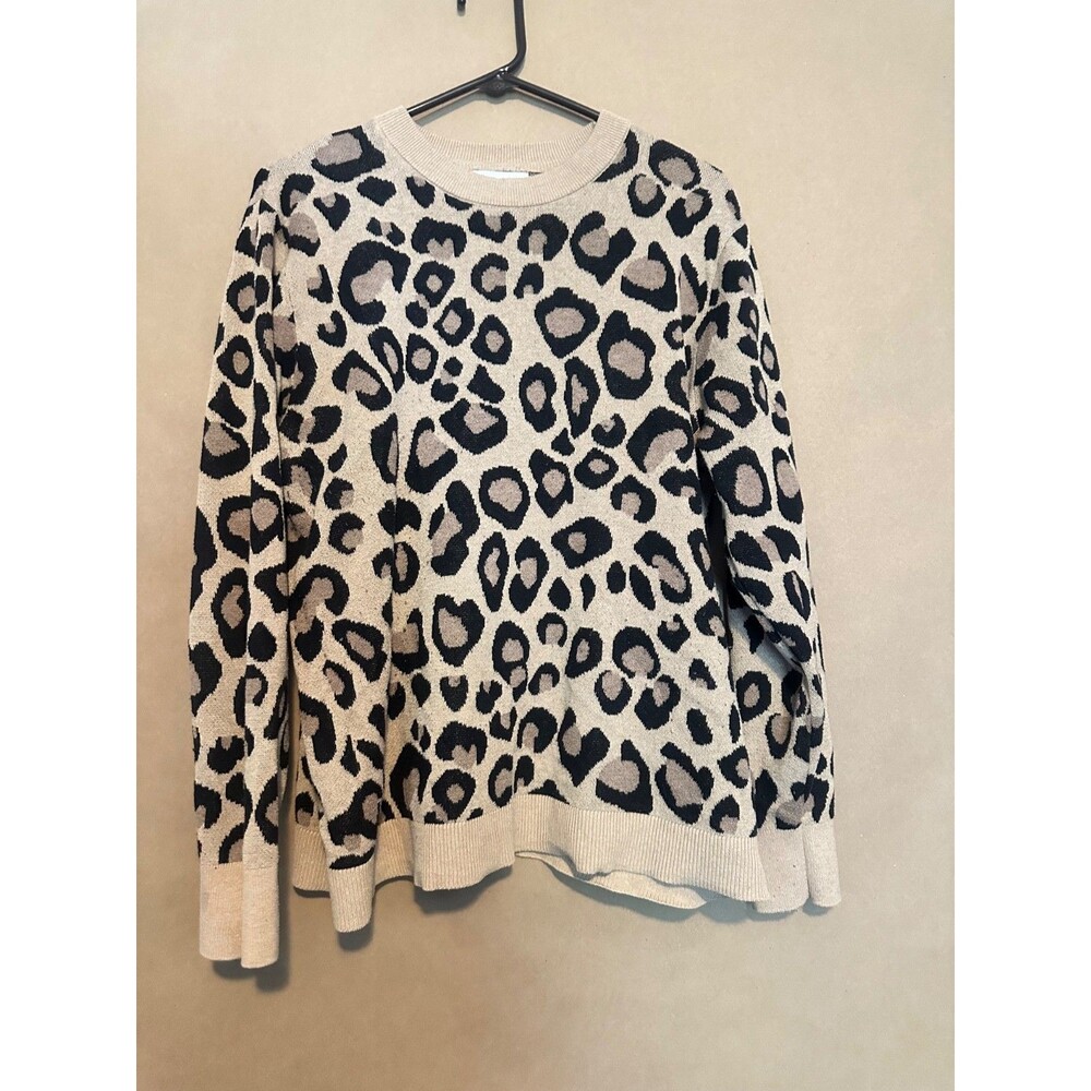 Ava & Viv Sweater Womens 1X Print Tan Black Leopard Soft Jacquard Cozy Chic Knit